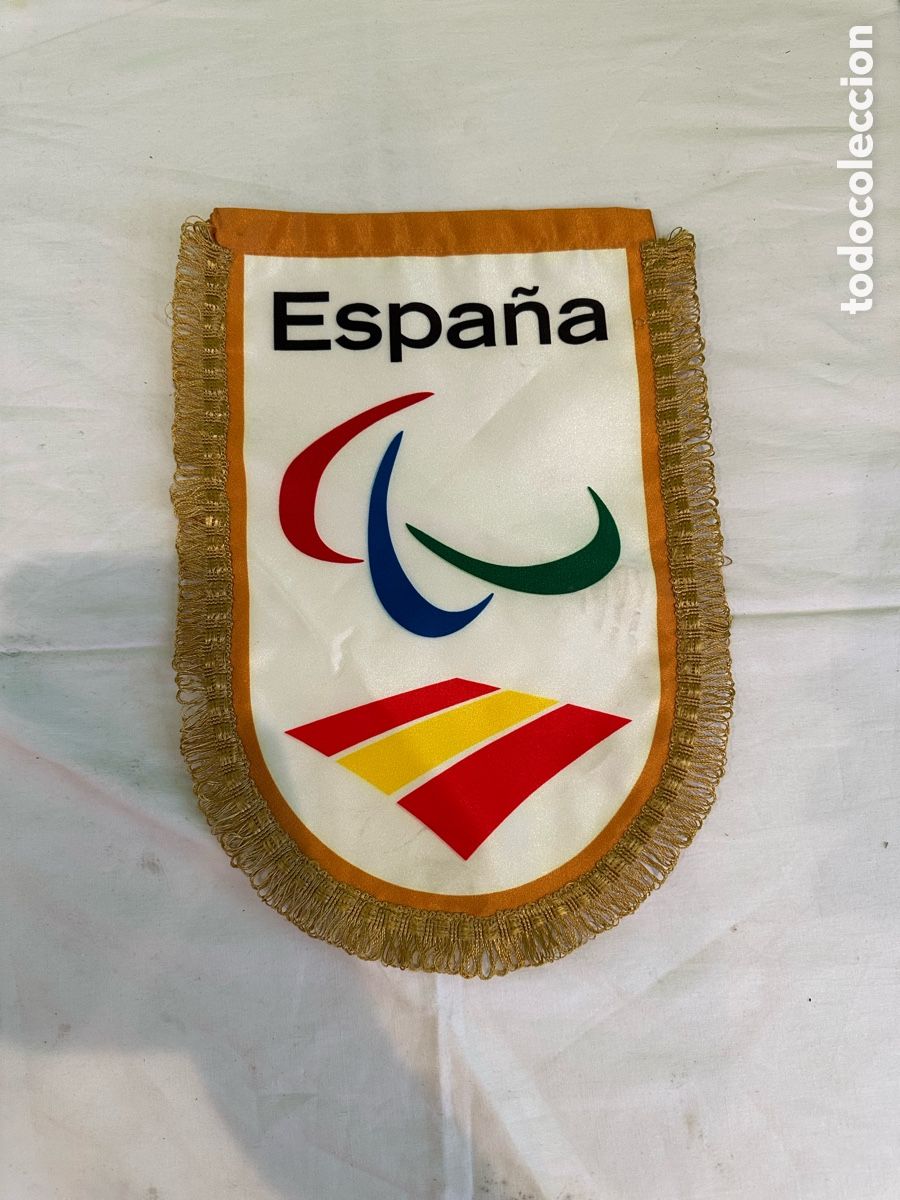 Coleccionismo deportivo: Bander&iacute;n antiguo Espa&ntilde;a deporte logo institucional ol&iacute;mpico