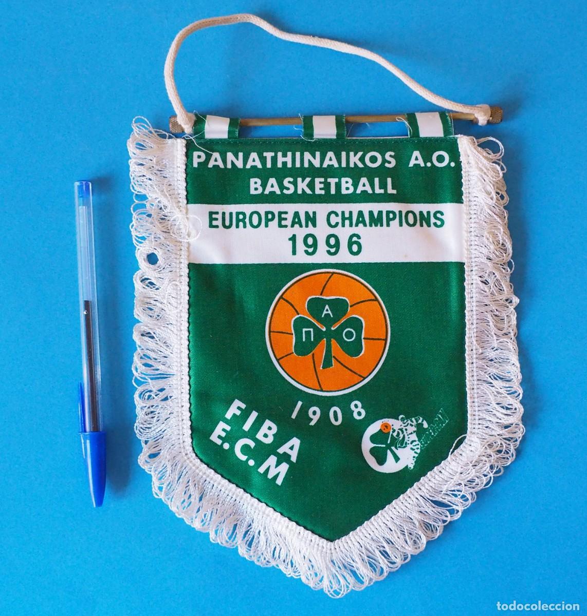Coleccionismo deportivo: Bander&iacute;n del Panathinaikos A.O. de Baloncesto. Panathinaikos se proclam&oacute; campe&oacute;n de Europa en 1996