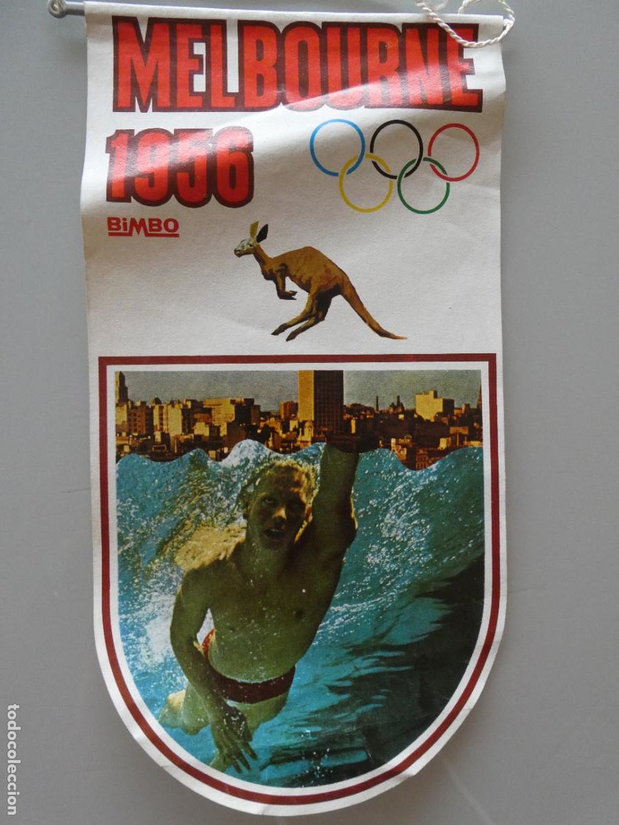 Coleccionismo deportivo: BANDER&Iacute;N DE DEPORTES. JUEGOS OL&Iacute;MPICOS OLIMPIADAS MELBOURNE 1956 AUSTRALIA. PASTELITOS BIMBO. 26CM