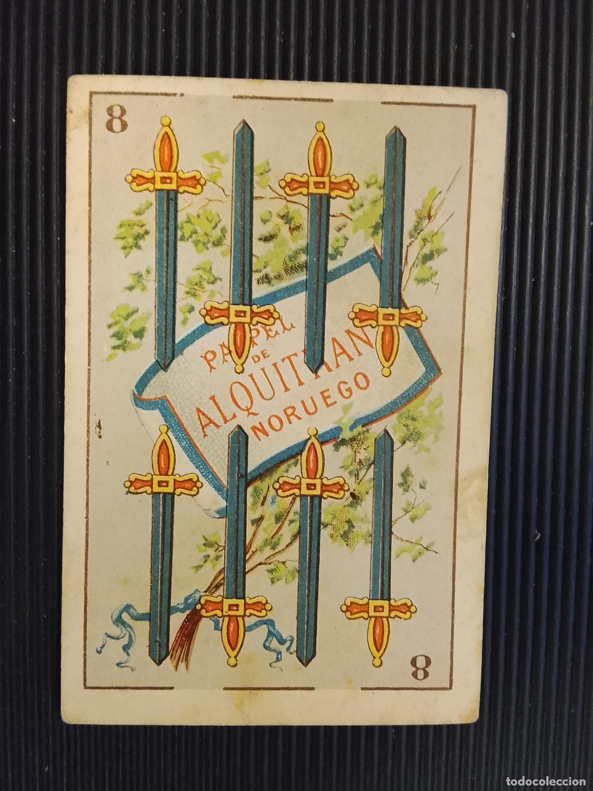 Barajas de cartas: CARTA NAIPE 8 DE ESPADAS - PAPEL DE ALQUITRAN NORUEGO - CROMOLITOGRAFIA COURBE ROUZET -(K-15.255)
