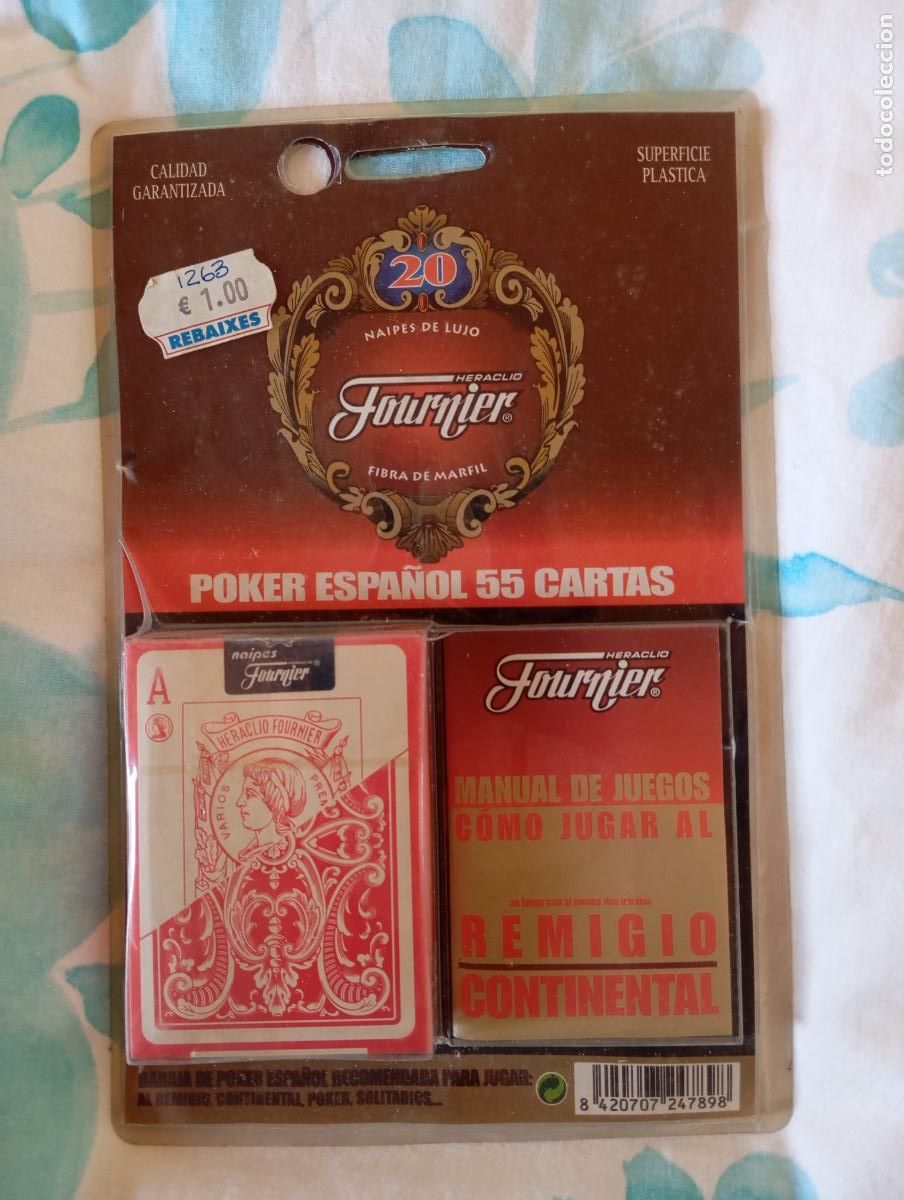Barajas de cartas: Baraja Heraclio Fournier P&oacute;ker Espa&ntilde;ol 55 cartas, nueva en blister original. Incluye manual de jueg