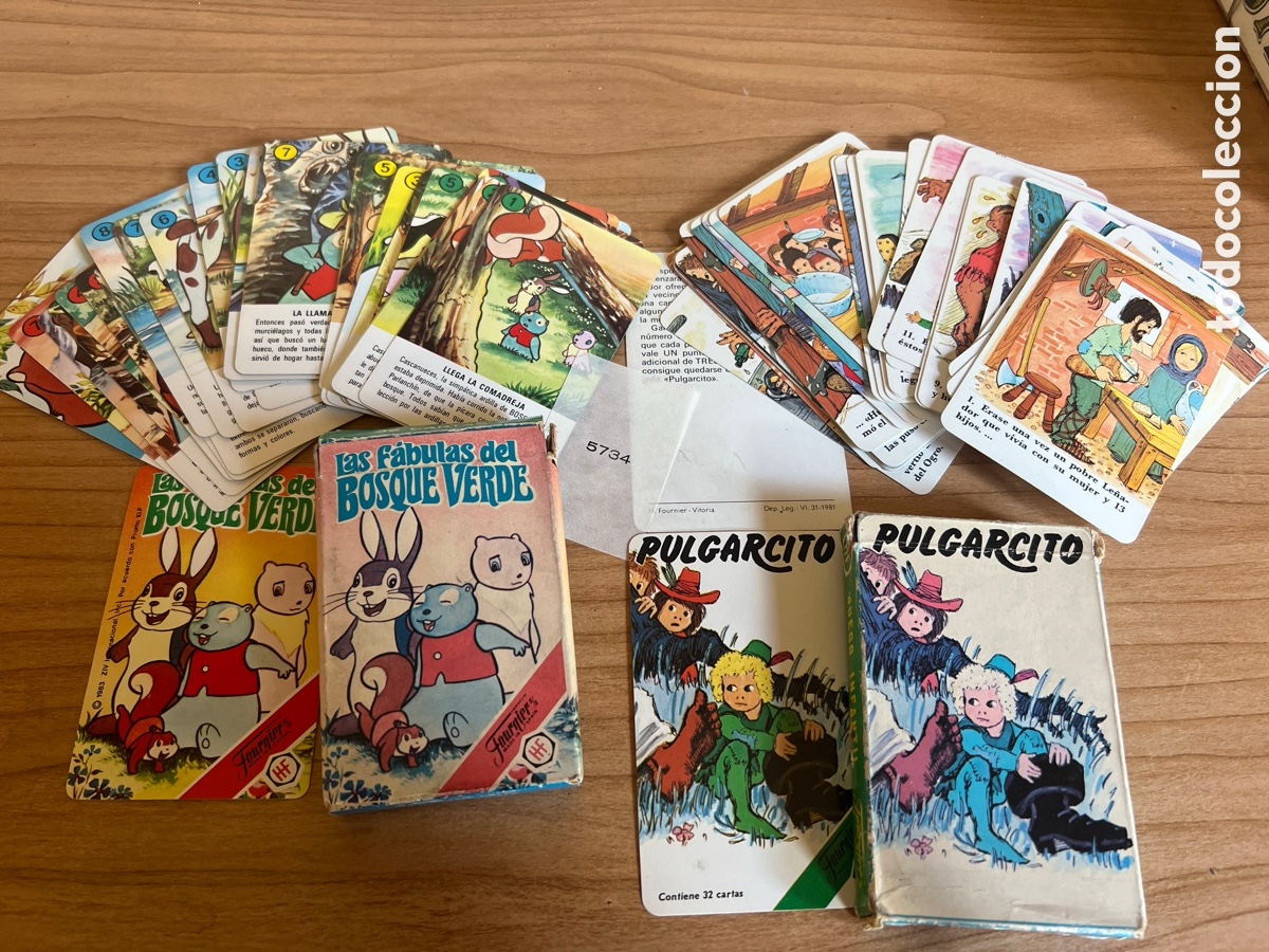 Barajas de cartas: DOS BARAJAS DE CARTAS INFANTILES FOURNIER PULGARCITO Y LAS F&Aacute;BULAS DEL BOSQUE VERDE