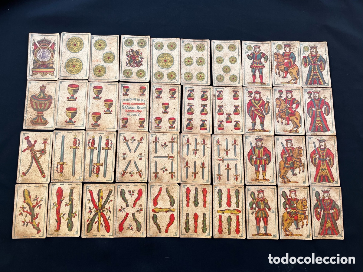 Barajas de cartas: Antigua y rara baraja de cartas espa&ntilde;ola Sebasti&aacute;n Comas y Ricart. Barcelona. 40 cartas. Completa.