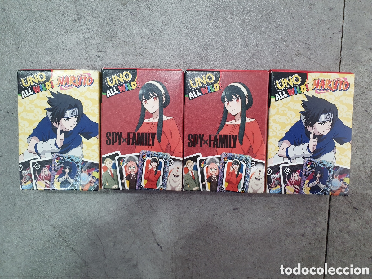 Barajas de cartas: Lote de 4 barajas Uno All Wild. Naruto y Spy Family. (L2)