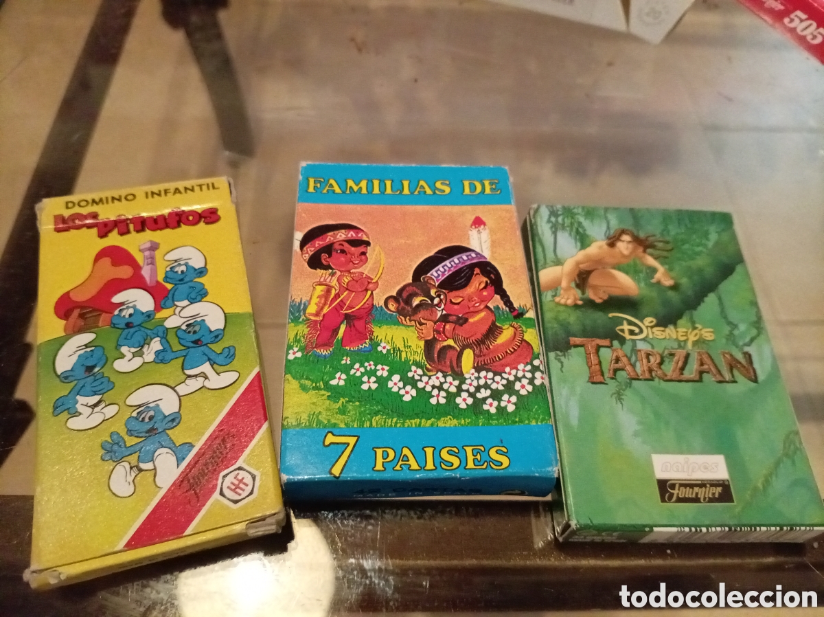Barajas de cartas: Lote 3 Barajas Infantiles Fournier: Pitufos, 7 Pa&iacute;ses y Tarz&aacute;n - &iexcl;COMPLETAS!