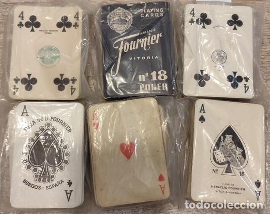 Kartenspiele: Lote de seis juegos de P&oacute;ker de FOURNIER, en diversa conservaci&oacute;n, uno con timbre de 1931.