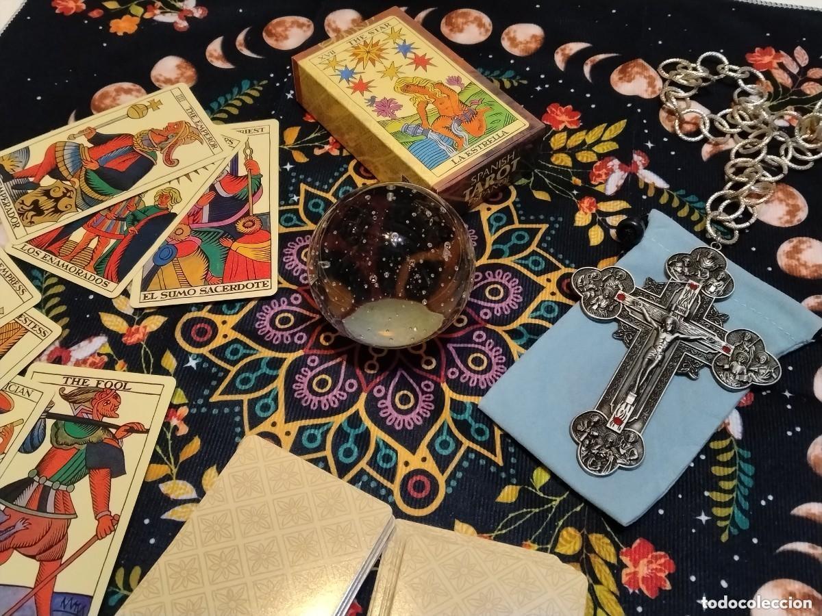 Barajas de cartas: LOTE 4 UND (MANTEL PARA CARTAS TAROT+1 BARAJA DE CARTAS TAROT+BOLA DE CRISTAL+CRUZ SAN BENITO