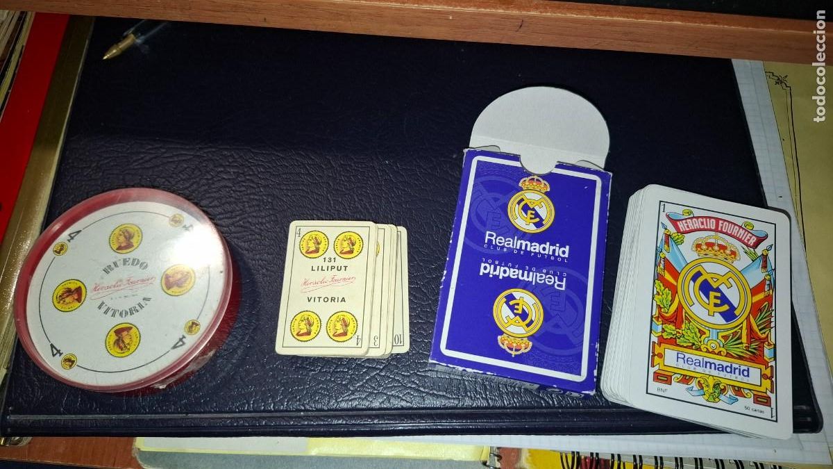 Barajas de cartas: Heraclio Fournier, liliput 131, ruedo 50 cartas, Real Madrid 50 cartas.,