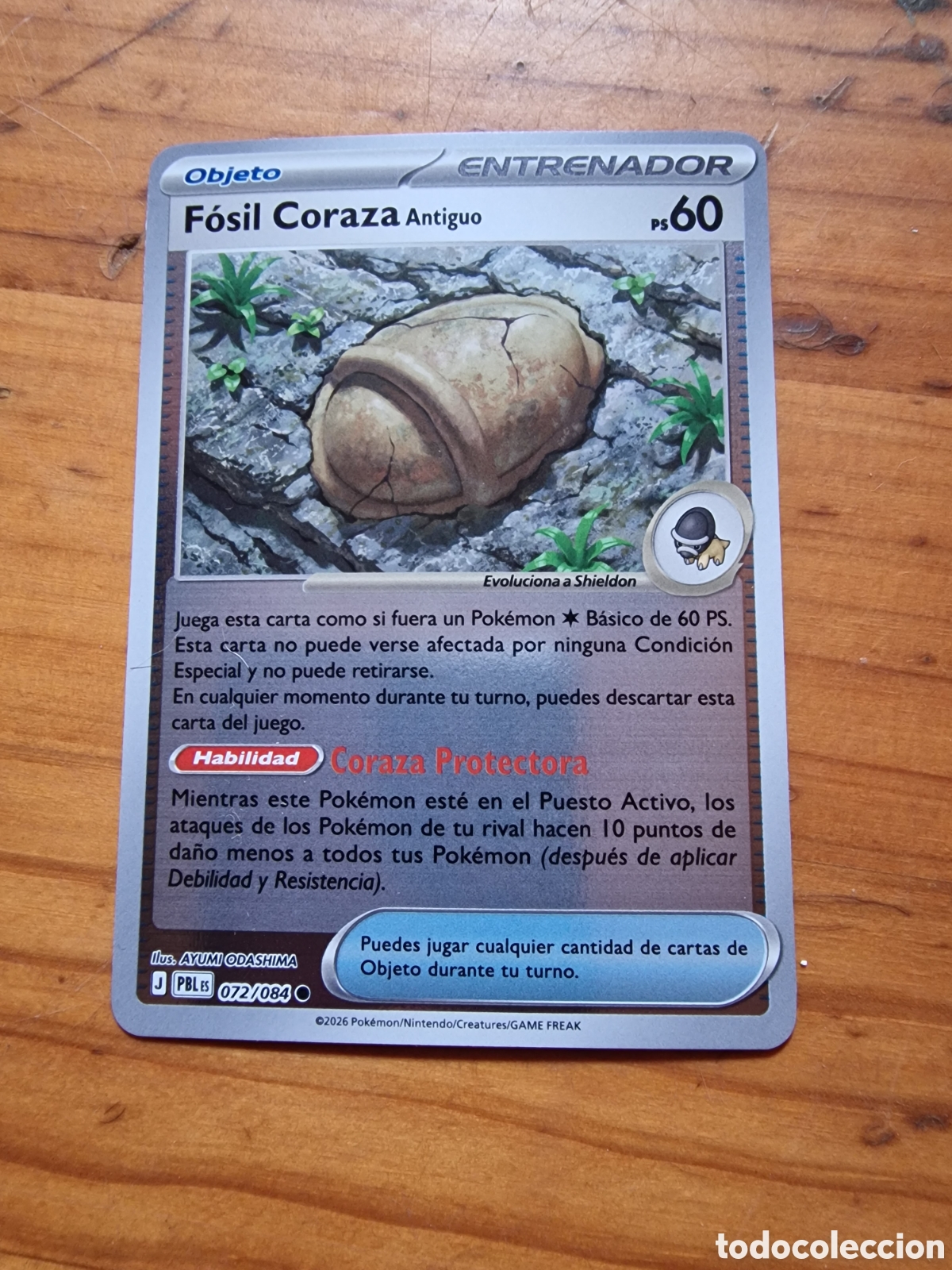 Barajas de cartas: Carta cromo pokemon, f&oacute;sil coraza antiguo ps60-072/084