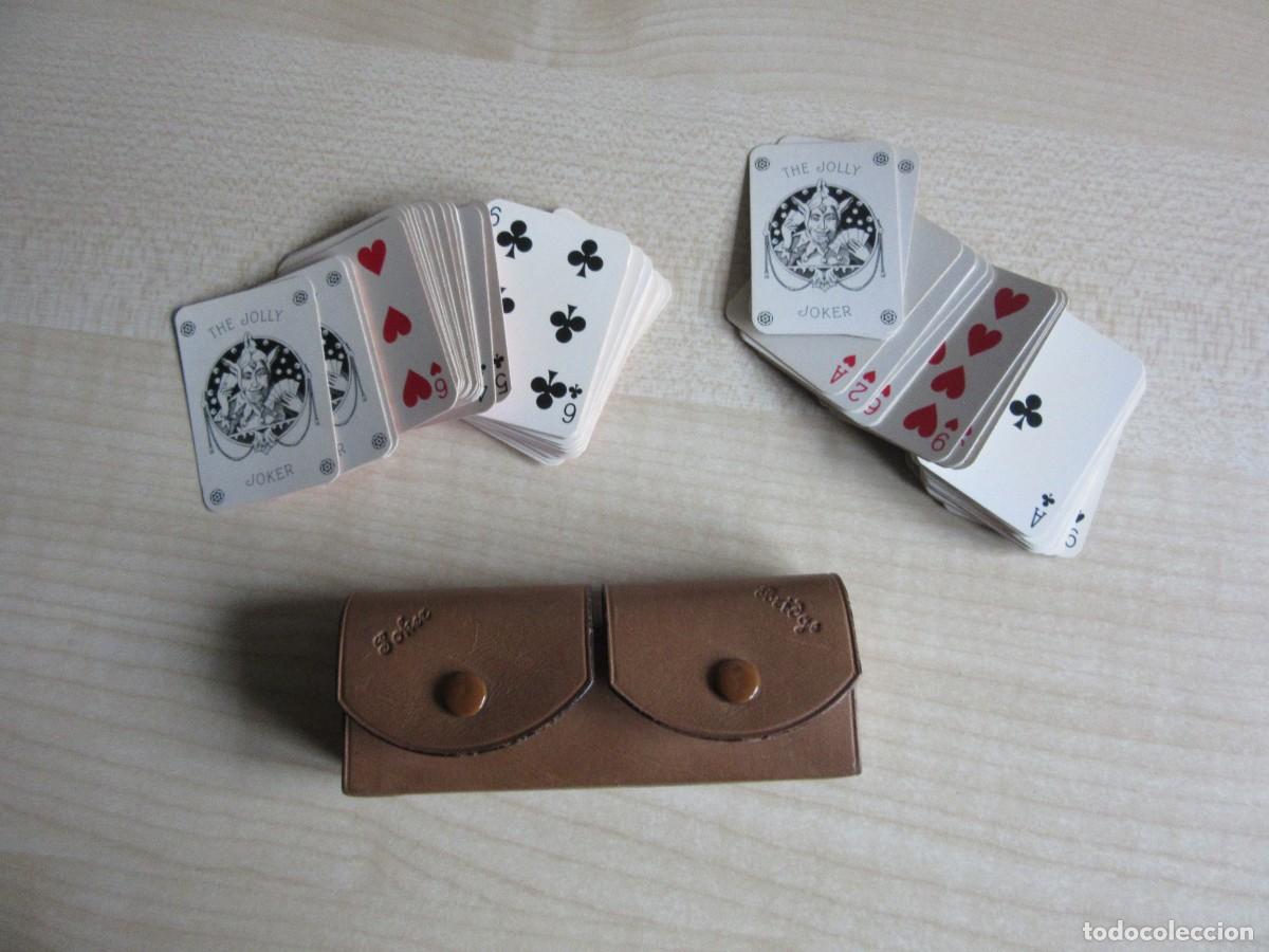 Jeux de cartes: Dos barajas de P&oacute;ker -bridge de viaje con funda de cuero Medidas cartas 4,4 x 3,1 cm A&ntilde;os 70