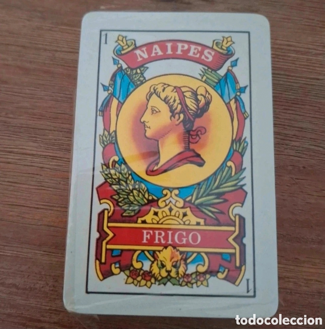 Jeux de cartes: Baraja espa&ntilde;ola publicitaria Helados Frigo empaquetada reverso rojo y dorado a&ntilde;os 90