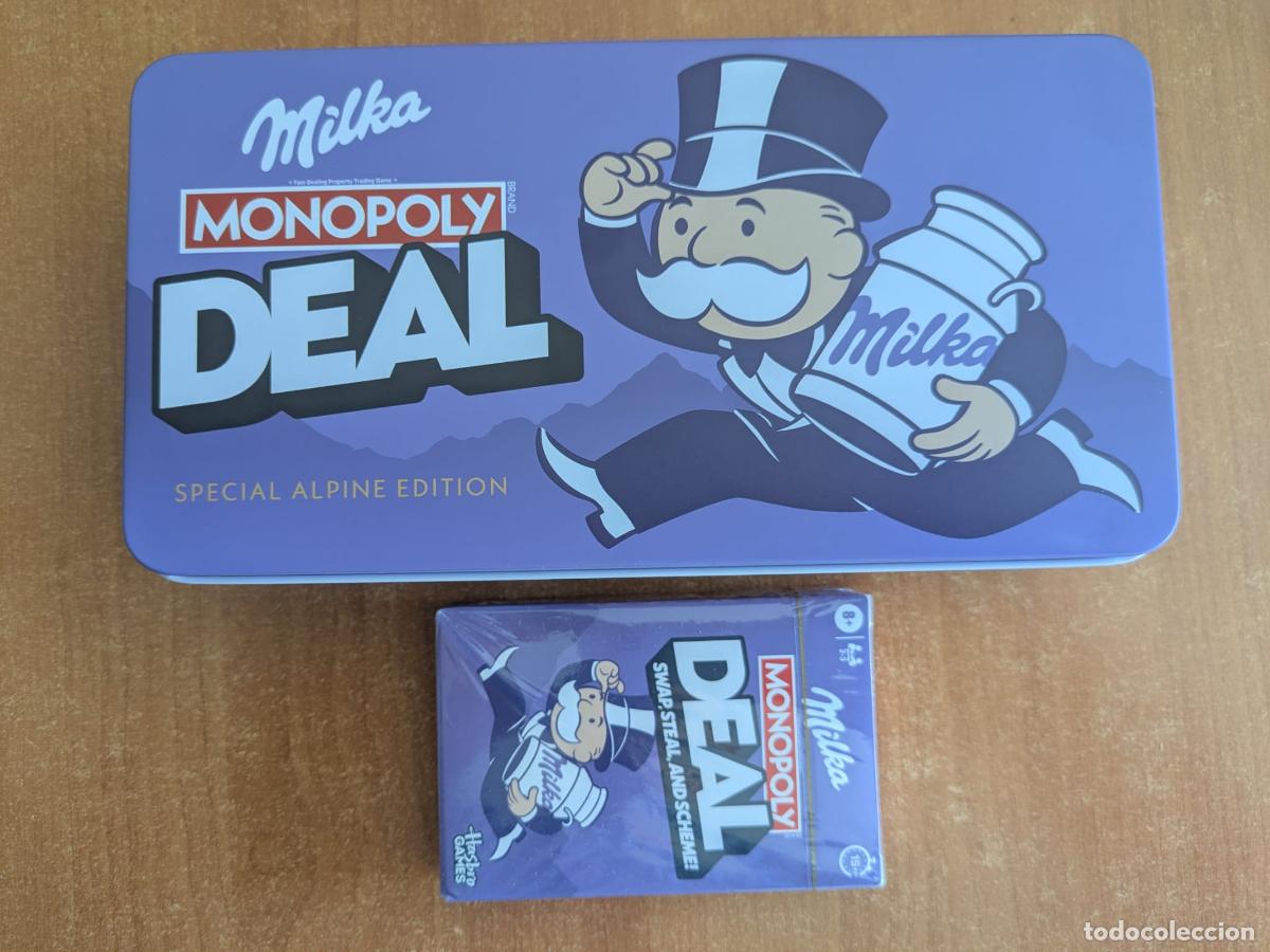 Barajas de cartas: Caja met&aacute;lica y baraja de cartas Monopoly Deal. Swap, steal and scheme!. Milka. Hasbro Games.