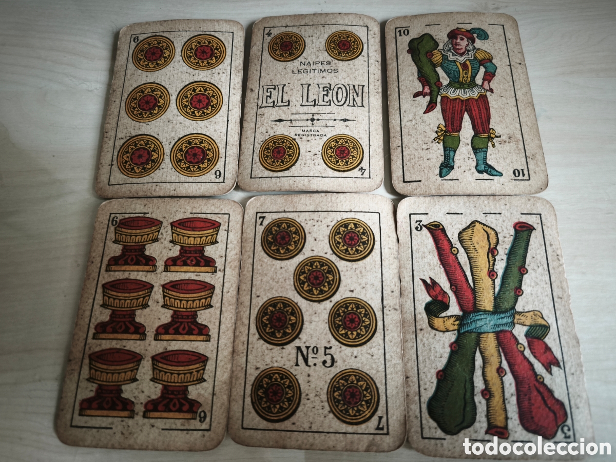 Barajas de cartas: Seis cartas de la baraja espa&ntilde;ola &rdquo;El le&oacute;n&rdquo; . Publicidad cerveza Tropical.