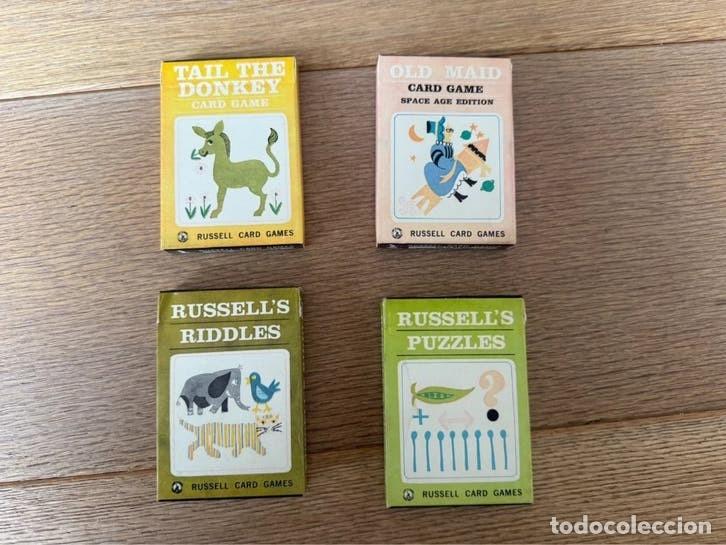 Barajas de cartas: Lote 4 juegos de cartas vintage Russell Mfg Co USA Old Maid Space Age Riddles Puzzles