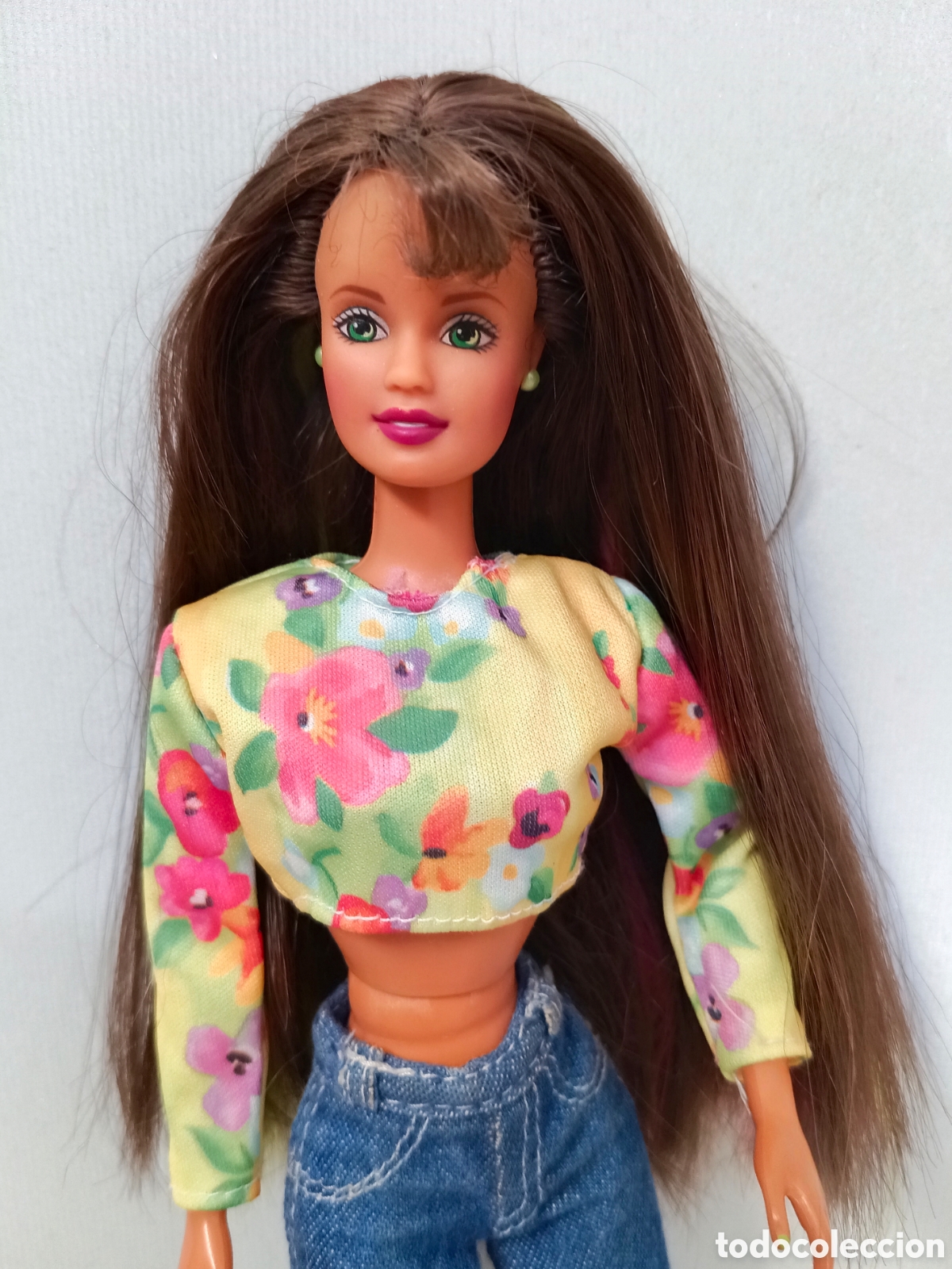Barbie y Ken: Barbie Happenin Hair Teresa 1998 pelo casta&ntilde;o verde rosa cuerpo art&iacute;culado a&ntilde;os 90