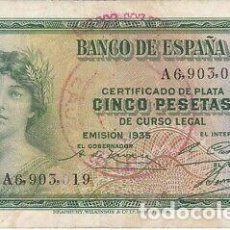 Billetes con errores: BILLETE 5 PESETAS 1935 CERTIFICADO DE PLATA GUERRA CIVIL RESELLO CRUZ ROJA. Lote 206789355