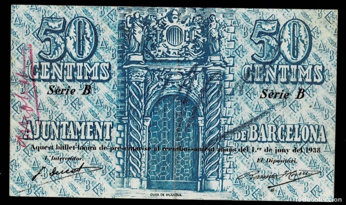 Billetes con errores: 0084 Ajuntament de Barcelona PRUEBA DE IMPRENTA DEL BILLETE DE 50 CENTIMS, Sin NUMERACION Ver.