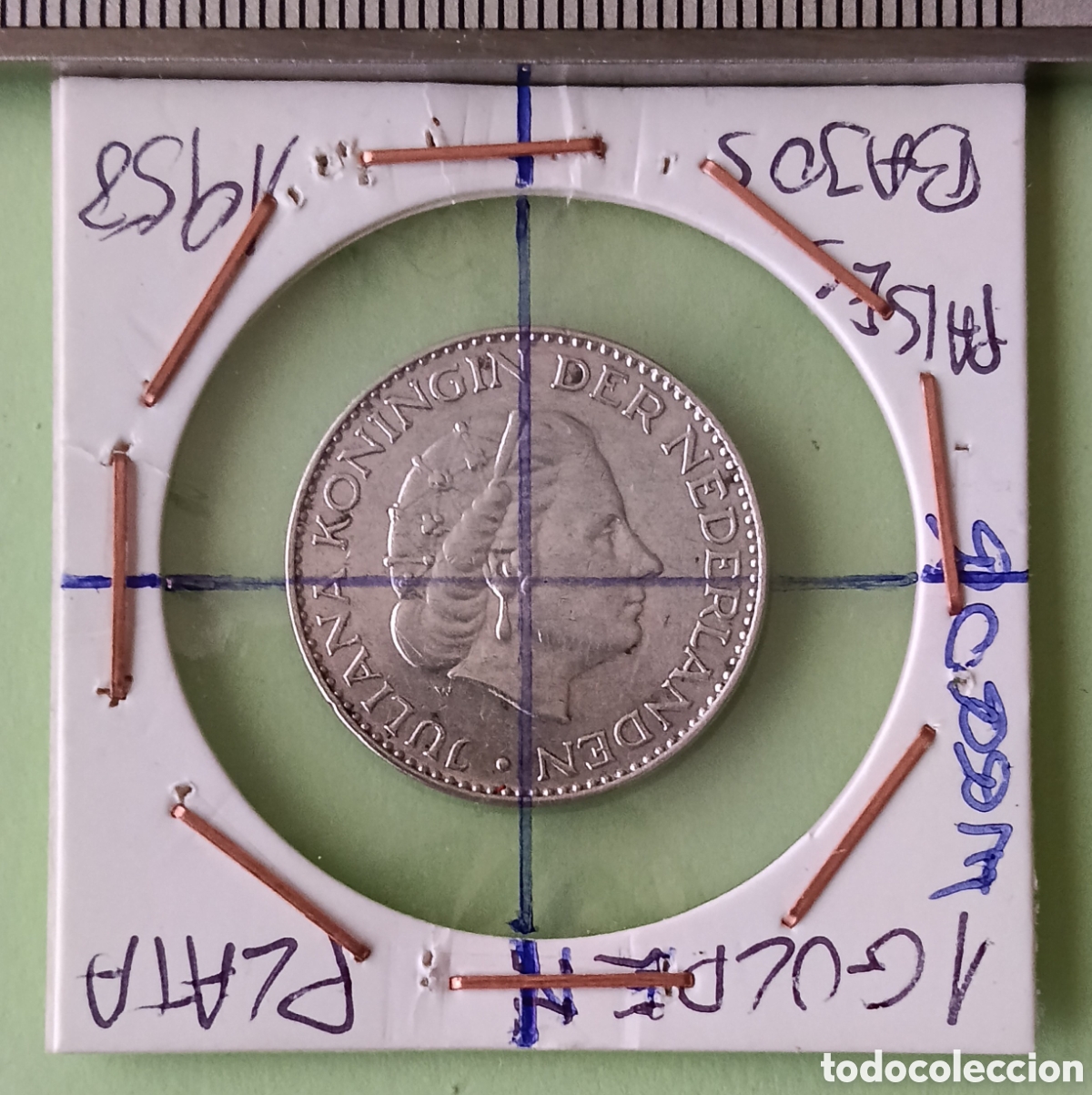 Billetes con errores: Moneda 1 Gulden de Plata 1958 Pa&iacute;ses Bajos error acu&ntilde;aci&oacute;n (Girada, Desplazada, Perlas del Canto)