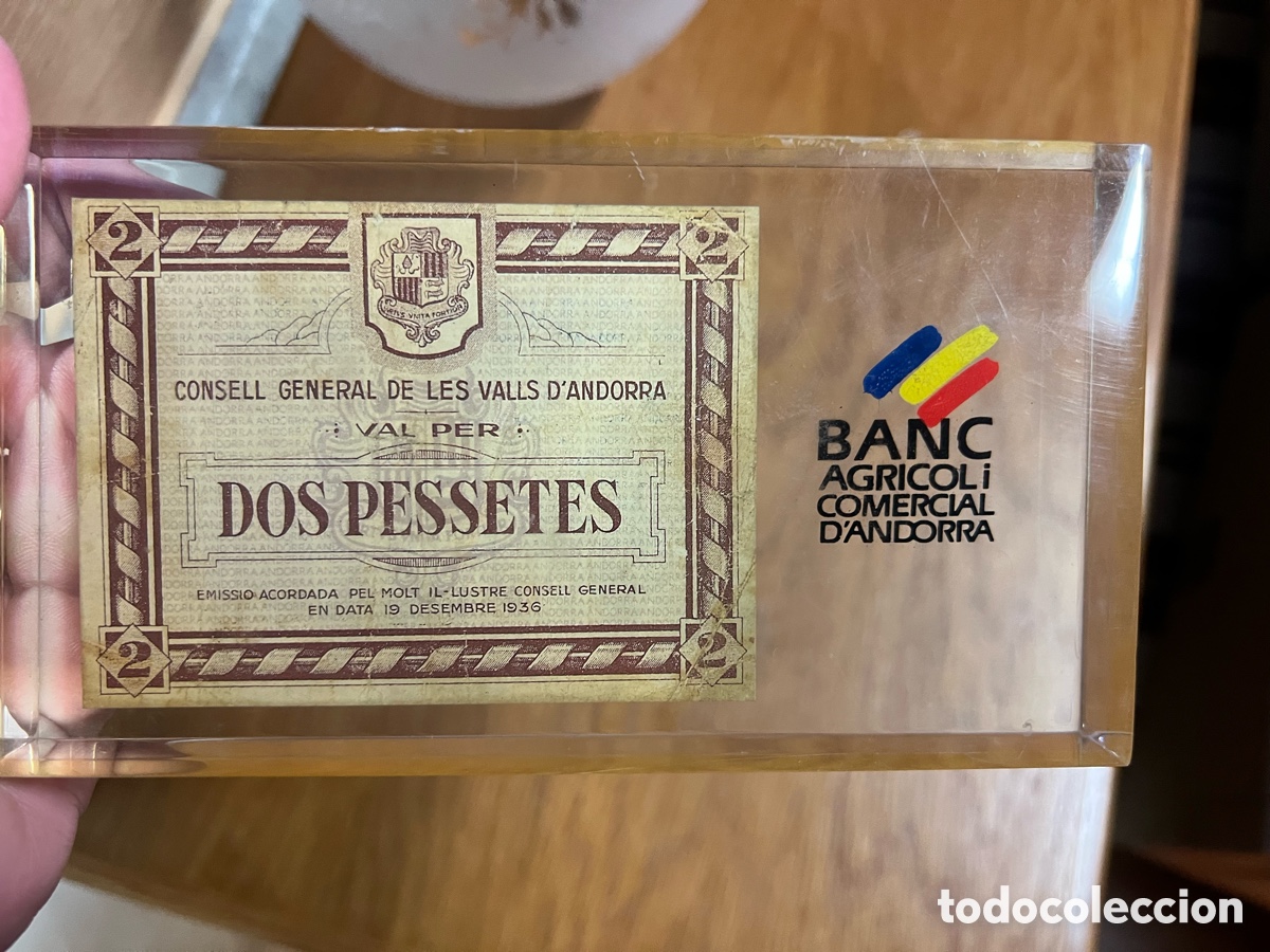 Billetes con errores: Billete Andorra 2 pesetas 1936 en metacrilato