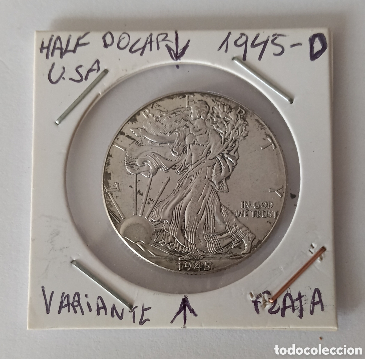 Notas com erros: Moneda de Plata HALF DOLAR EEUU 1945 D con errores fabricaci&oacute;n