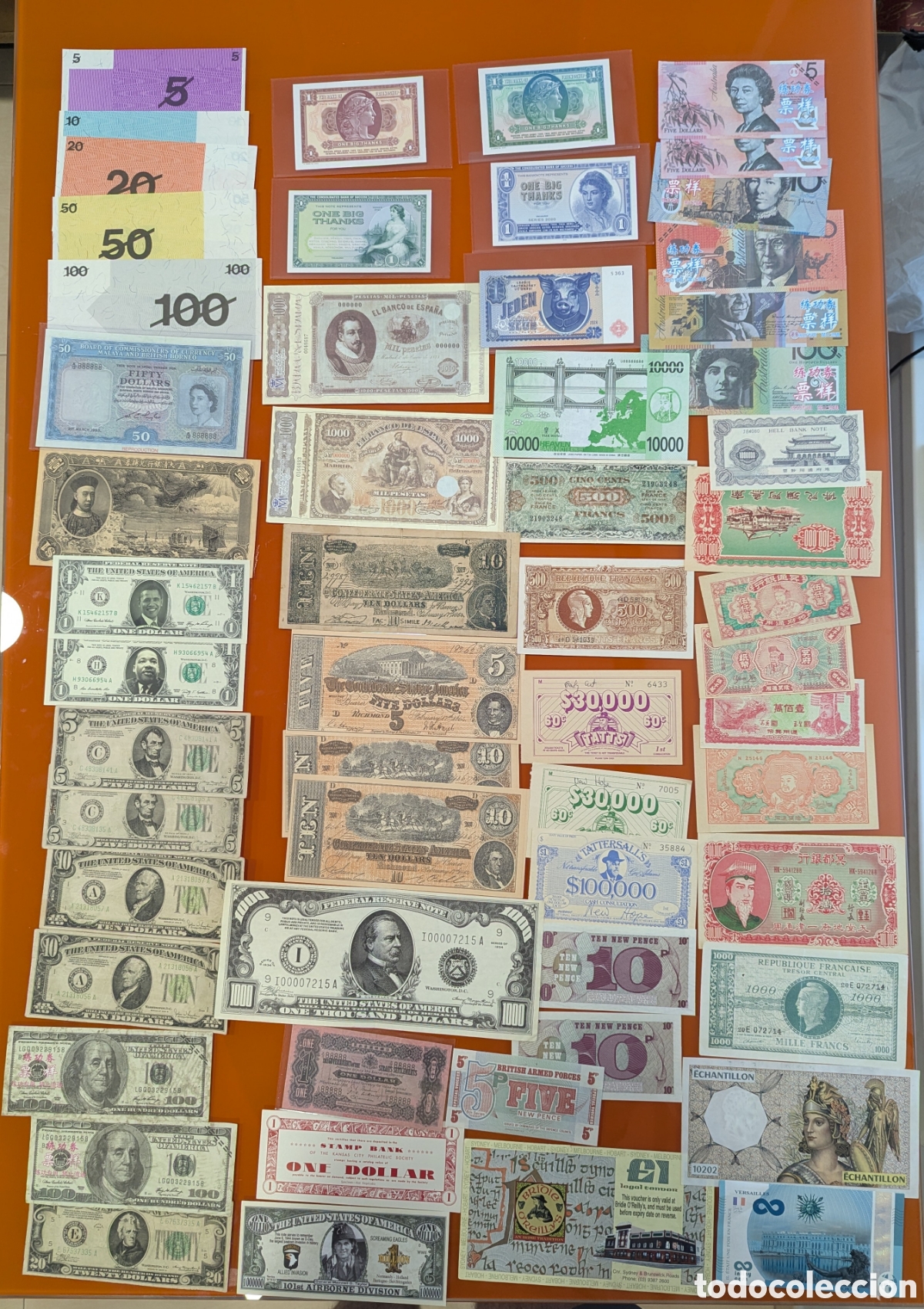 Banknotes with Errors: Lote de 57 billetes fantas&iacute;a, facs&iacute;miles,hell notes, pr&aacute;cticas bancarias,reproducciones...