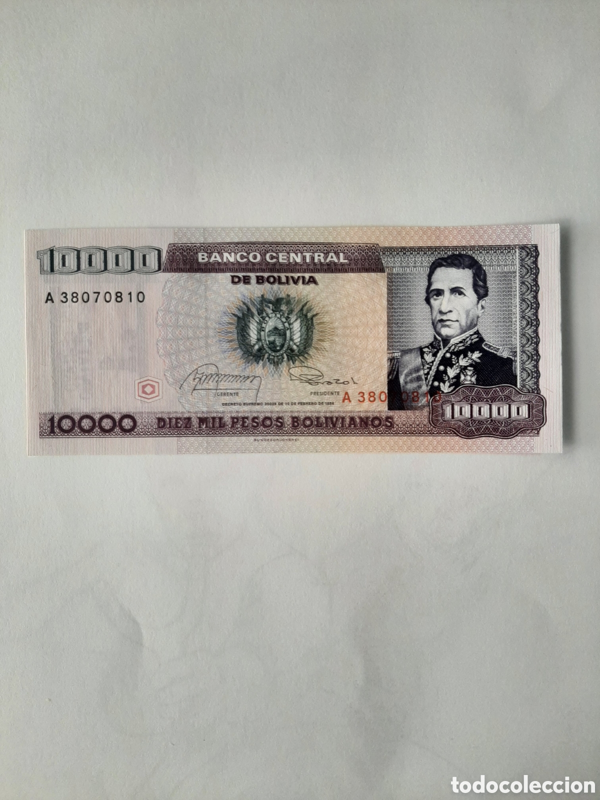 Billetes con errores: BOLIVIA 10.000 PESOS 10/2/1984 RESELLO A 1 CENTAVO DE BOLIVIANO S/C PLANCHA