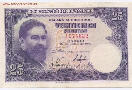 Billetes espa&ntilde;oles: 25 PESETAS- 22-07-1954 - Foto 1