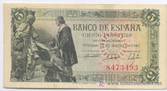 Billetes espa&ntilde;oles: 5 PESETAS- 15-06-1945- EBC - Foto 1