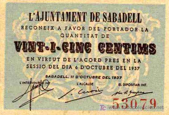 Billetes espa&ntilde;oles: BILLETE LOCAL DE SABADELL, 25 CTS. - Foto 1