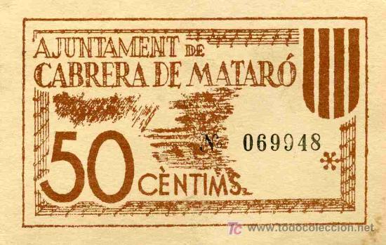 Billetes espa&ntilde;oles: BILLETE LOCAL DE CABRERA DE MATARO, 50 CTS. - Foto 1
