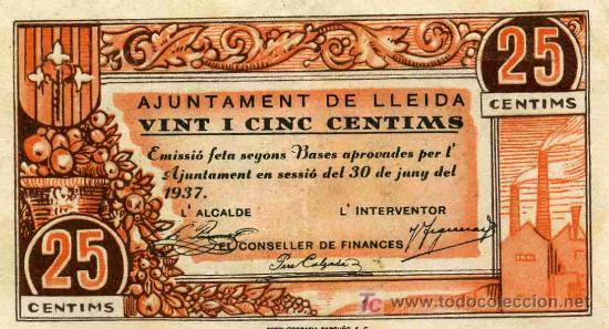 Billetes espa&ntilde;oles: BILLETE LOCAL DE LLEIDA, 25 CTS. - Foto 1