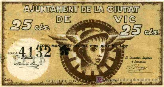 Billetes espa&ntilde;oles: BILLETE LOCAL DE VIC, 25 CTS. - Foto 1