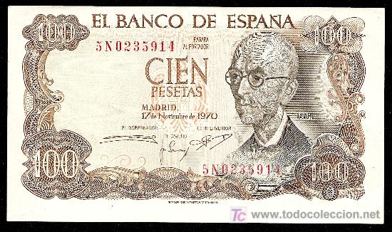 Billetes espa&ntilde;oles: BONITO DESPLAZAMIENTO EN 100 PTAS DE 1970