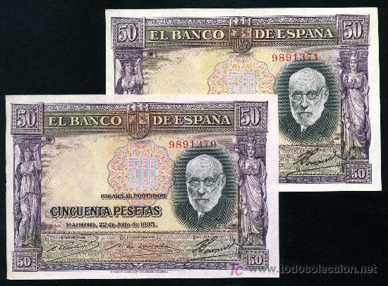 Billetes espa&ntilde;oles: Pareja Correlativa 50 Pesetas 1937  S/C Plancha  Sin Serie
