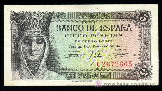 Billetes espa&ntilde;oles: PRECIOSO BILLETE DE  5 PTAS DE  1943 APROX.EBC/EBC+