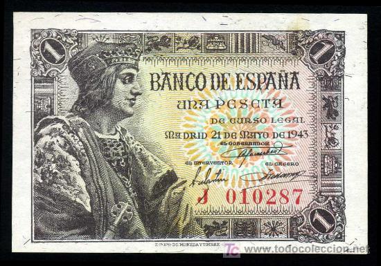 Billetes espa&ntilde;oles: BONITO BILLETE DE 1 PTA DE 1943  EBC+ - Foto 1