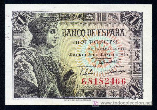 Billetes espa&ntilde;oles: 1 PTA  21 MAYO 1943 - SERIE G -  PLANCHA