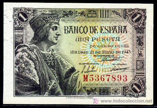 Billetes espa&ntilde;oles: 1 PESETA  21 MAYO 1943 - Serie M -  S/C PLANCHA