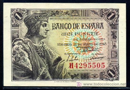 Spanische Banknoten: 1 PESETA  21 MAYO 1943 - Serie H - S/C PLANCHA