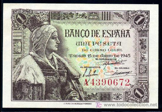 Billetes espa&ntilde;oles: 1 PESETA  15 JUNIO 1945  - Serie A -  PLANCHA