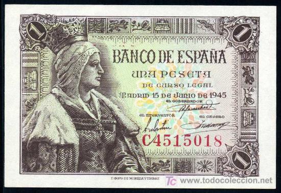 Billetes espa&ntilde;oles: 1 PESETA  15 JUNIO 1945  - Serie C -  PLANCHA