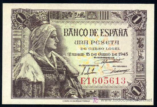 Notas espanholas: 1 PESETA  15 JUNIO 1945  - Serie E -  PLANCHA