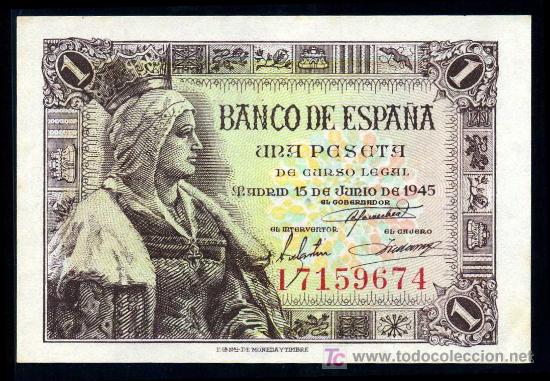 Billetes espa&ntilde;oles: 1 PESETA  15 JUNIO 1945  - Serie I -  S/C