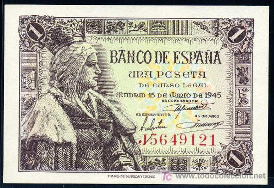 Billetes espa&ntilde;oles: 1 PESETA  15 JUNIO 1945  - Serie J -  PLANCHA