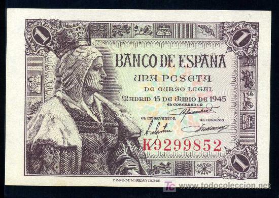 Notas espanholas: 1 PESETA  15 JUNIO 1945  - Serie K -  PLANCHA