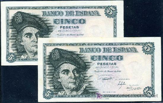 Billetes espa&ntilde;oles: 5 PTAS 5 MARZO 1948 PAREJA CORRELATIVA - SERIE D - S/C - PLANCHA