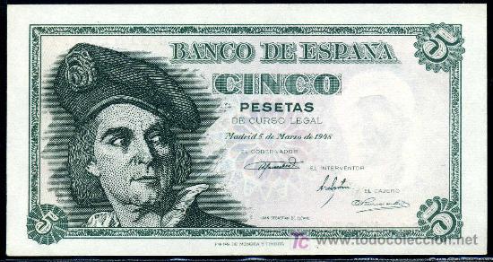 Notas espanholas: 5 PTAS 5 MARZO 1948 SERIE J - PLANCHA