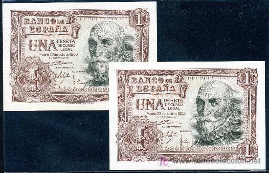 Billetes espa&ntilde;oles: 1 PTA 1953 SIN SERIE - PAREJA CORRELATIVA - PLANCHA
