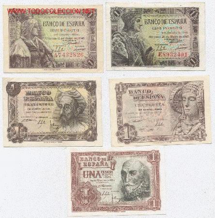 Billetes espa&ntilde;oles: 4B- LOTE DE 5 BILLETES DE 1 PESETA - Foto 1