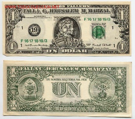 Billetes espa&ntilde;oles: 1 BILLETE 1 DOLAR USA PUBLICIDAD FALLAS VALENCIA MATEMATICO MARZAL CONVENTO JERUSALEN 1984 ORIGINAL